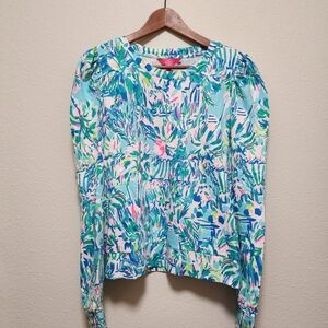 Lilly Pulitzer Womens Floral Print Long Sleeve Top - Blue Pink Green Med NWT
